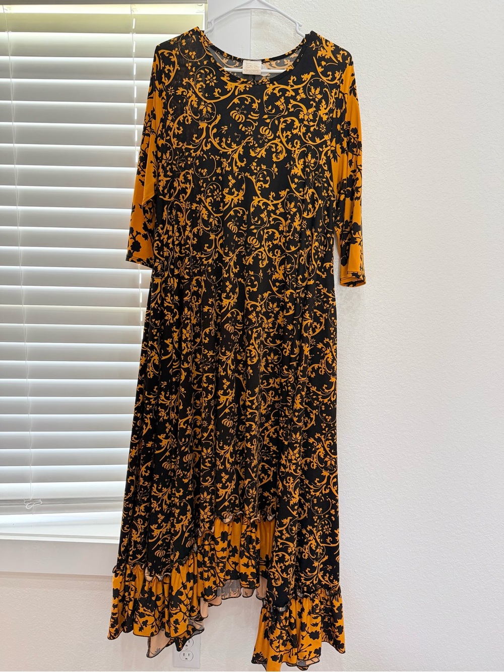 Women's Black & Mustard Floral Maxi Dress with Ruffle Hem